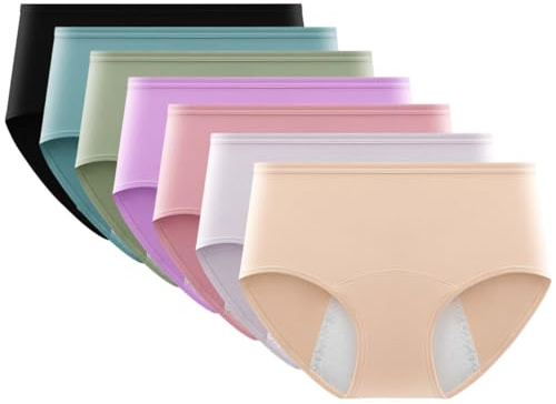 AOOPOO Lot de 7 Culotte Menstruelle Absorbante pour Femme Fille Ado sous-vêtements Anti-Fuite Physiologique en Coton Slips de Règles Mi-Haute Culotte Périodique Lavable & Réutilisables pour Femme
