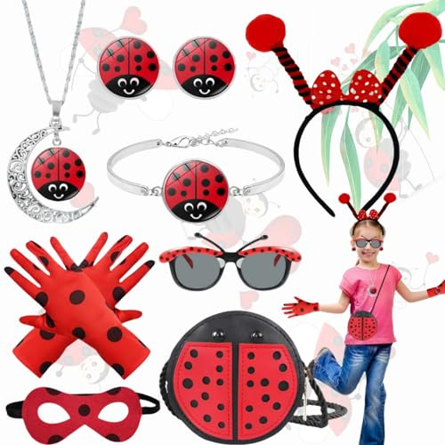 Weploda 10-Stück Marienkäfer-Accessoires-Set, Marienkäfer Cosplay Kleidung Kinder, Marienkäfer-Karnevalskostüm, Mit Augenmasken Handschuhe Stirnbänder Halsketten Armbänder Ohrringe Brillen Taschen
