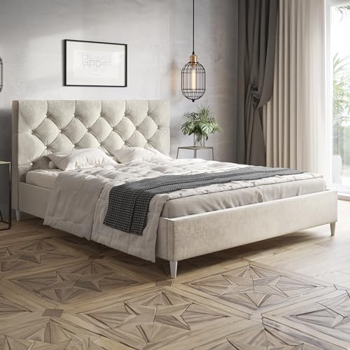 MOTIVENA Lusi Chesterfield Polsterbett 180x200 Mit Füßen, Ohne Bettkasten, Samt, Lattenrost, Kopfteil, Ohne Matratze, Beige (Creme)