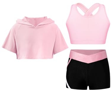 Fldy Mädchen Trainingsanzug Kurzarm Hoodie Crop Tank Top Und Shorts 3er Kinder Mädchen Kleidung Set Sommer Sport Tanz Workout Laufen Outfit Rosa_A 158-164