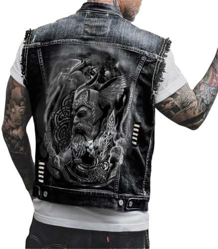 tinbarry Gilet En Jean Pour Hommes Gilet En Jean Sans Manches Veste En Jean De Loisirs Veste En Jean Imprimé Crâne Vintage Punk Manteau En Jean Mode Vêtements D'extérieur Avec Boutons