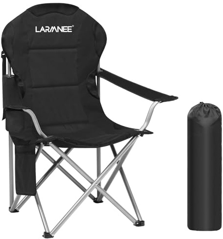 LARMNEE Campingstuhl Faltbar, Campingsessel, Angelstuhl, Campingstühle, Gartenstuhl für Camping, Klappstuhl Camping Garten Balkon Strand, Schwarz EBK01LC02