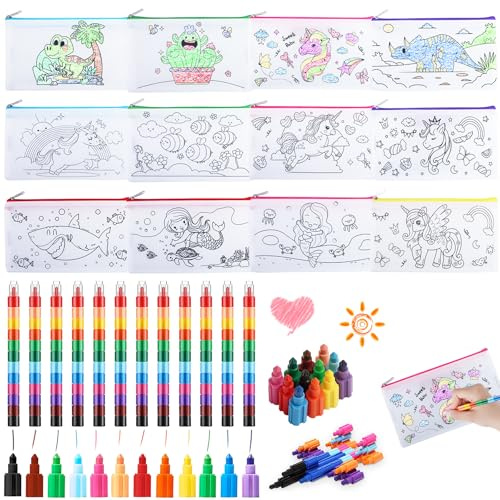 YeahBoom Malset, 12 Beutel zum Ausmalen, 12 Buntstifte, stapelbar, DIY Handtasche zum Ausmalen, Wachsmalstifte für Kinder
