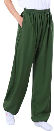 Cotton and Linen Tai Chi Pants for Men Women Training Elastic Belt Kung Fu Trousers Martial Arts Bottoms (Green, XXXL)