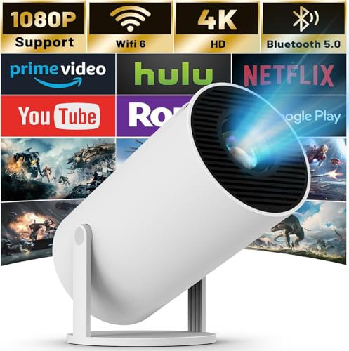 Mini Projecteur 4K Supportée, Videoprojecteur Portable WiFi 6 Bluetooth, Projecteur Video avec Auto Keystone, 130 Pouces, Retournement à 180 Degrés, Dystème D'exploitation Android 11.0 (Beige)