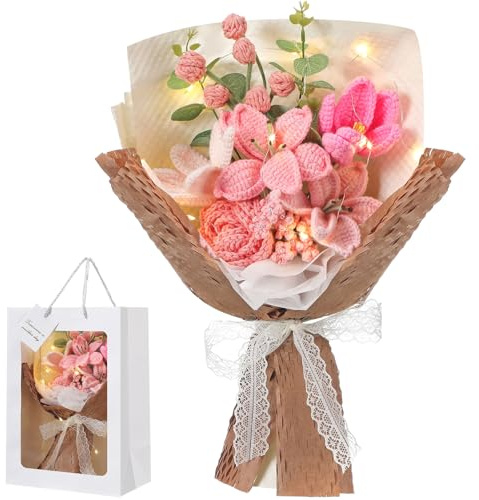 Juinte Mother's Day Crochet Flower Bouquet Gift for Women Completed Handmade Knitted Bouquet with Lily Tulips Rose for Nurse Graduation Birthday Wedding Summer Home(Pink)