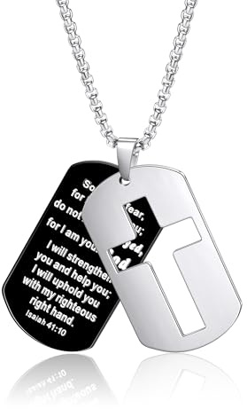 Gilieyer Kreuz Dog Tag Kette für Herren, Inspirierende Lord's Prayer/Bibelvers Anhänger mit 60 cm Boxkette Edelstahl Kreuz Halskette für Männer Personalisierte Schmuck (Isaiah 41:10)