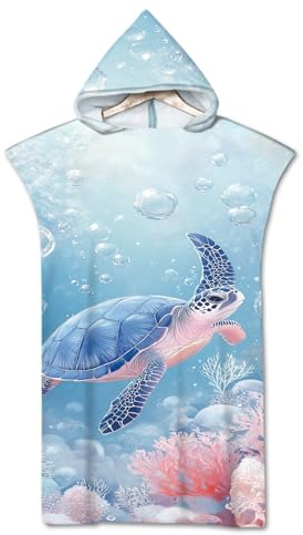 Rowjoy Badeponcho mit Kapuze, Meeresschildkröten Mikrofaser Surf Poncho 75X110cm，Umziehhilfe Strand Handtuch Poncho mit Kapuze Damen und Herren, Ideal zum Strand, Brandung, Sauna (Blue-#Turtle)