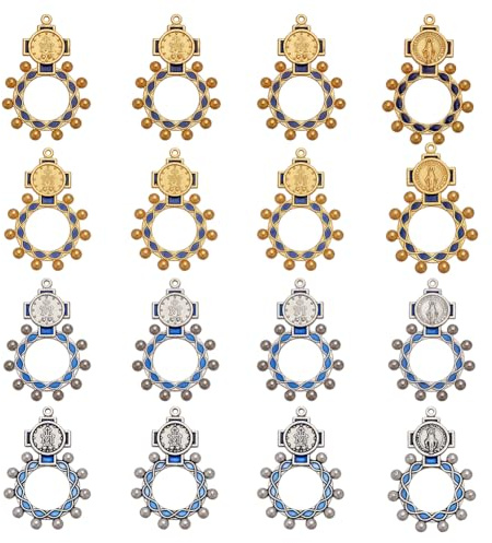 FINGERINSPIRE 16 Stück Finger Rosenkranzring Katholisch Für Die Taufe 4 Farben Anhänger Aus Legierung Im Tibetischen Stil Rund Mit Muster Zum Gebet Geschenke Und Religiöser Schmuck Für Katholiken
