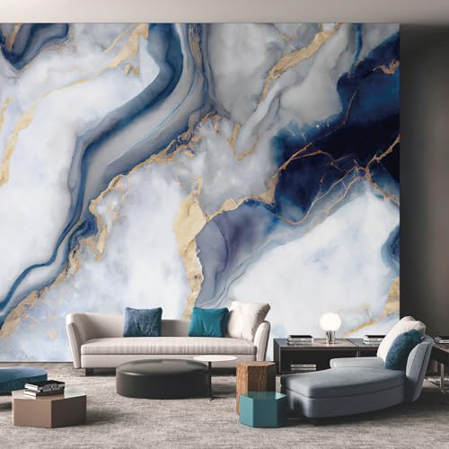 Marble Wallpaper Mural, 3D Effect Abstract Blue Gold Photo Wallpaper, 400cmx280cm Silk Cloth Wall Art Roll Wallpapers for Wall Covering