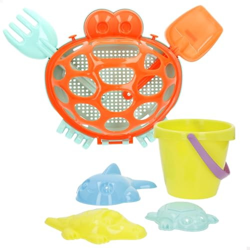 ColorBaby Color Beach Strandset Krabbe, Eimer 14 cm mit Schaufeln, Rechen und Formen für Meerestiere, Aufbewahrungsnetz mit Griff, optimal für Sand und Park (47700)