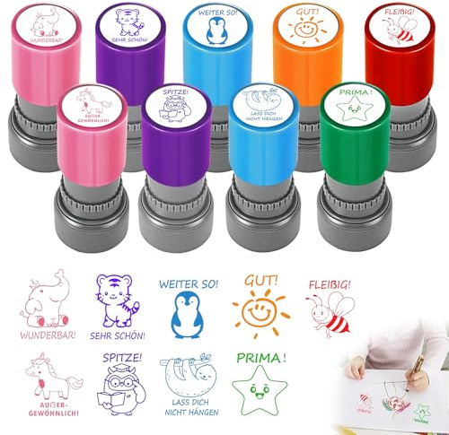 9 Stück Selbstfärbende Lehrer Stempel, Lob Ermutigung, Lehrer Bewertung Belohnung Motivation Briefmarken,Motivationsstempel, für Bildung, Lehrer