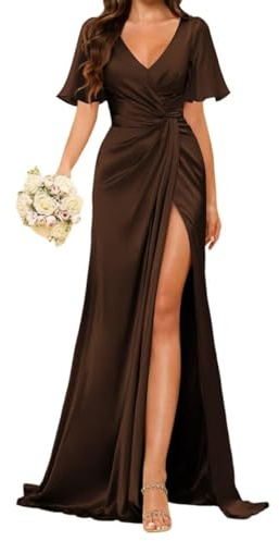 Robes de demoiselle d'honneur princesse, robes de bal à manches fronces en satin, robe de soirée formelle avec fente ZM190, marron, 42