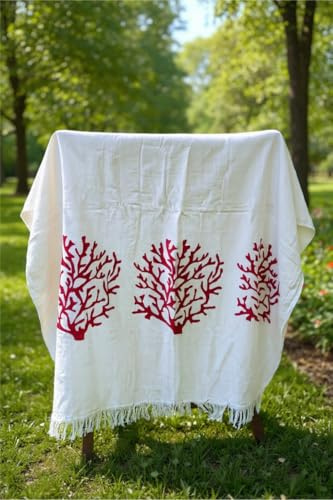 Turkish Cotton Printed Peshtemal, White Muslin Hammam Towel, Lightweight Quick Dry Beach Throw, Boho Style (red coral)