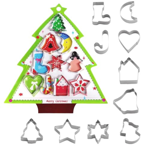 ZORVYN Set 10 Pezzi Formine Natalizie in Acciaio Inox per Biscotti, Fondente e Marmellata con Motivi Festivi come Albero di Natale, Calza e Fiocco di Neve, Confezione con Design Natalizio