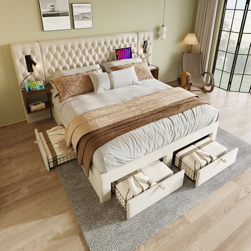 Polsterbett 160×200cm Bettanlage Schlafzimmer Komplett Set, Doppelbett mit 2 Nachttischen und 4 Schubladen, Kopfteil Leselicht mit USB Ladefunktion, Beige, Samt (Ohne Matratze)
