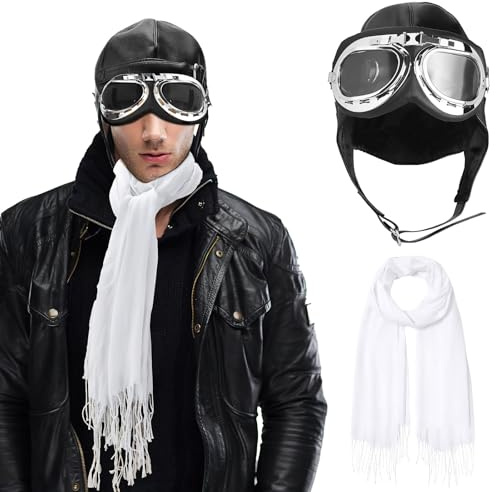 Kaxtde 3-teiliges Pilotenkostüm mit Fliegermütze, Brille und Schal, Schwarz