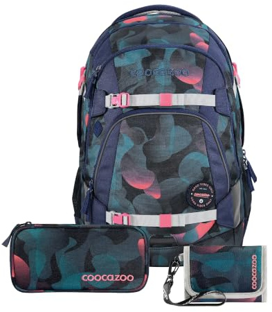 Coocazoo Schulrucksack-Set MATE „Cloudy Peach“ 3-teilig, blau/lila/pink, ergonomischer 30L Tornister, mit Brust- und Hüftgurt für Kinder ab der 5. Klasse, inkl. Mäppchen und Geldbörse