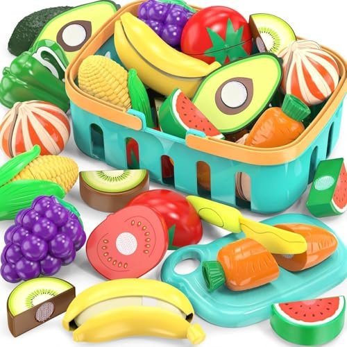 Jouet Aliments à Découper pour Enfants, Accessoires de Cuisine en Jouet, Set Faux Fruits/Légumes avec Panier de Course et Rangement, Planche et Couteau en Plastique, Cadeau d'Anniversaire/Jouet Éducat