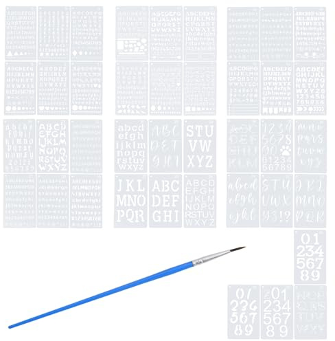 LOLANIUT Set di 40 stencil con lettere e numeri, per disegnare l'alfabeto, in plastica, riutilizzabili, per l'apprendimento scolastico, fai da te