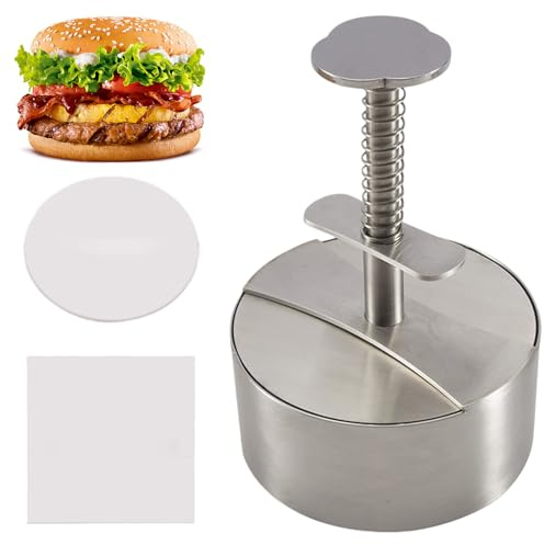 AXVRAV Prensa para hamburguesas de acero inoxidable 304, 10 cm (3,9 pulgadas), ajustable, con 150 piezas de papel para hamburguesas, accesorios para carne de vacuno, verduras, carne, barbacoa