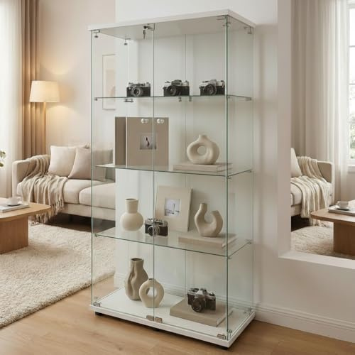 Lumivortex Glasvitrine, Vitrinenschrank Schwarz 80,6 x 36,5 x 164,5 cm, Zwei Abschließbare Türen, Glasvitrine Stehend mit 3 Glasböden, Vitrine für Wohnzimmer, Schlafzimmer (Weiß, 2 Türen 4 Etagen)