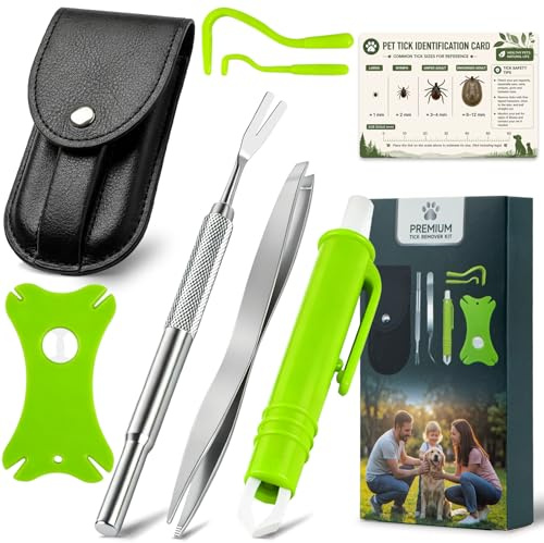 WAEKIYTL Tick Remover Tool Kit, 6-in- Stainless Steel Tick Removal Tool & Tweezers with Leather Case and Pocket Tick Identification Card - Professional Tick Removal for Dogs Cats Humans (Green)
