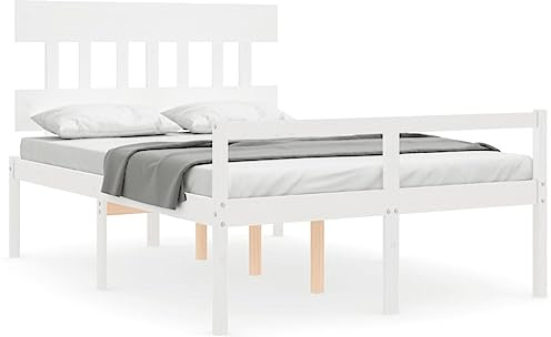 Foknhdi Seniorenbett Weiß Massivholz 195x125x81 cm mit Kopfteil 45 cm Sitzhöhe Kleiderschrank Stauraum Kiefer Rahmen für Schlafzimmer Seniorenwohnung
