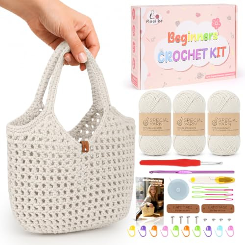 Aeelike Häkelset für Anfänger Häkeltasche, Starter Häkel Set mit Häkelnadeln 2Pcs 4,5mm, 3 Häkelgarn, Zubehör, Häkeln für Anfänger mit Deutsche Anleitung und Video, Weiß Handtasche Häkelset