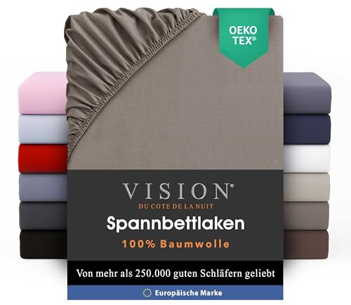 VISION Spannbettlaken – 100% Baumwolle – Doppelbett (160 x 200 cm) – Elastische Ecken – Passend für Matratzen bis zu 25 cm – Öko-Tex-Zertifizierung – Maschinenwaschbar – Farbe: Hellbraun
