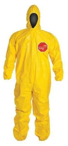 DuPont Tychem 2000 Disposable Chemical Resistant Coverall with Hood, Taped Seams, Elastic Wrists and Ankles, Yellow, Large, 4-Pack