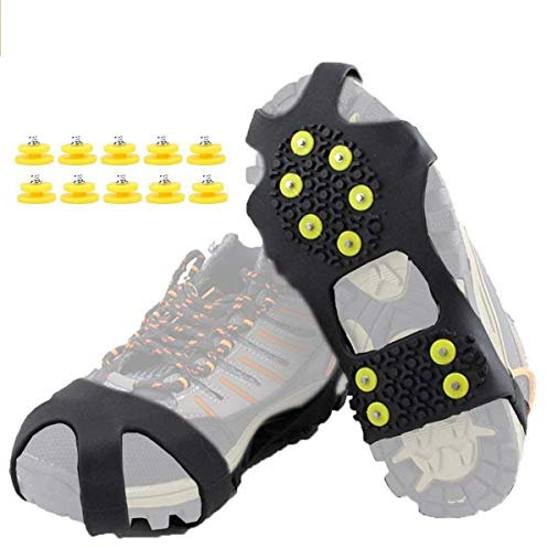 Ice Cleats, HoFire Ice Grips Dragkraft Cleats Gripare Halkfri över sko/stövel Gummi spikar Kramponger Halkfri Halkfri 10 Ståldubbar Kramponger Slip-on Stretch Skor (10-dubbar - svart, L)