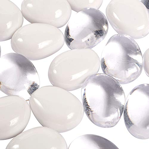 Clear Large Oval Pebbles Mixed Transparent and Coloured Stones Aquarium Marbles Table Scatter Stones Decorative Nuggets Vase Filler Beads Plant Pot Decoration 26pcs (Transparent/White)