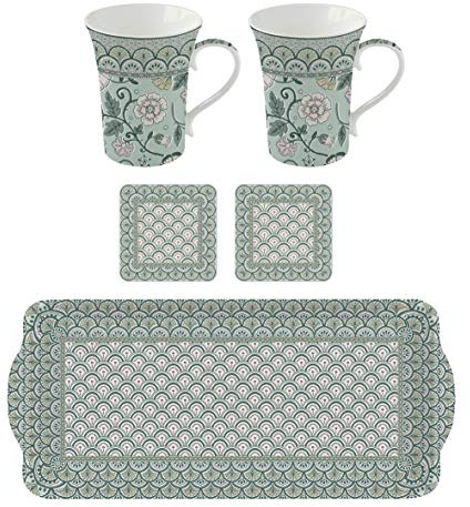 COFFRET 2 MUGS 36CL EN PORCELAIBE + PLATEAU MELAMINE 39x17CM GREEN
