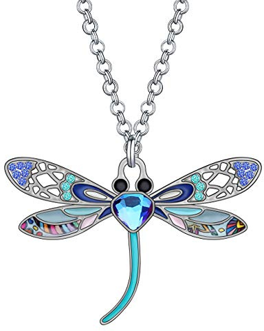 BONSNY Statement Enamel Rhinestone Dragonfly Necklaces Pendant Original Design Gifts for Women Nature lover Jewelry (Blueness)