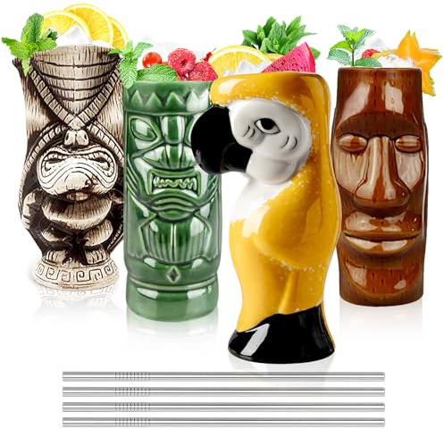 Cocktail Tiki Tassen Set von 4 – Große hawaiianische Cocktailbecher aus Keramik, süße exotische Cocktailgläser, Tiki-Bar, professionelle hawaiianische Party-Barware – TKSET0011