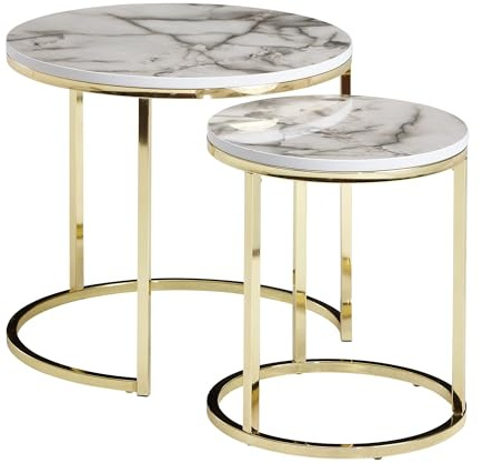 WOHNLING de 2 Tables d'design Aspect marbre Blanc Rond | Table Basse Table en 2 Parties Structure métal doré | Petites Tables de Salon | Tables gigognes Modernes