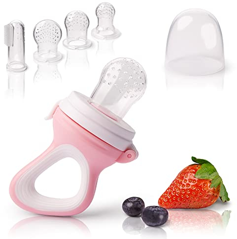 iFancy Fruchtsauger Baby & Kleinkind + 3 Silikon-Sauger in 3 Größen + 1 Baby-Zahnbürste | Zahnungshilfe Baby | Schnuller Beißring Obstsauger Gemüse Brei Beikost | Rosa/Weiss