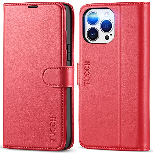 TUCCH Funda Cuero para iPhone 13 Pro MAX, Rojo | Bloqueo RFID, Cáscara TPU, Tarjetero y Soporte, Cierre Magnético, Compatible 5G 6,7 2021