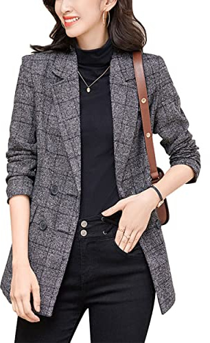 ebossy Dam Notch Lapel 2 Knappar Pojkvän Blazer Kostym Hundtand Rutig Jacka, Y-mörkgrå, XS