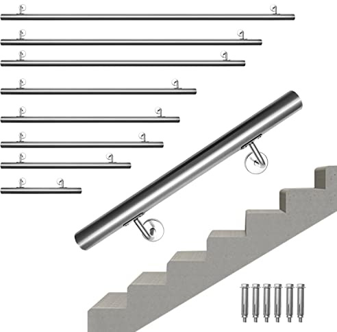 Jopassy Pasamanos de acero inoxidable, barandilla, pasamanos para escaleras, pasamanos de 110 cm de largo, 42 mm, utilizado para escaleras interiores y exteriores, incluye soporte de pared y tapones