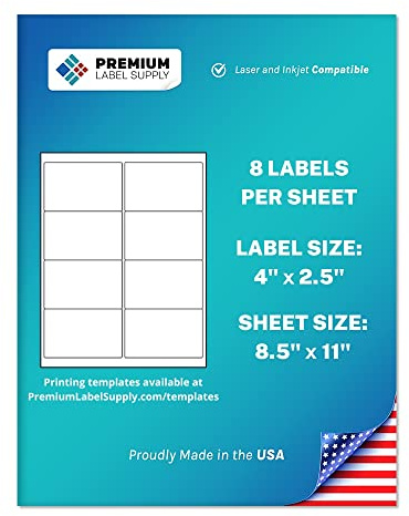 Premium Label Supply White Sticker Shipping/Mailing Labels – 4 x 2.5 – Laser/Inkjet Compatible – (8 per Sheet), 25 Sheets – 200 Total Adhesive Labels