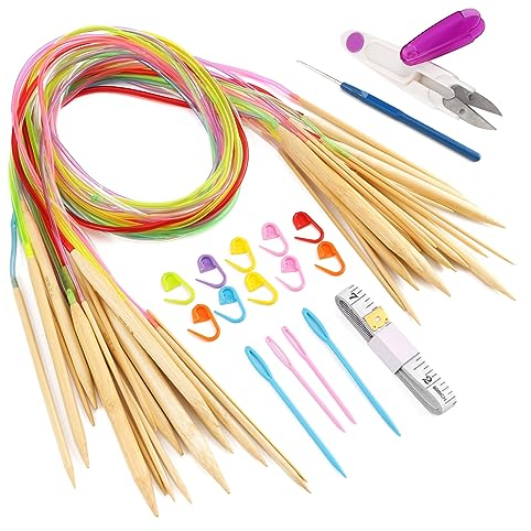 18 Paar Rundstricknadel Stricknadeln Bambus Set Bambus Rundstricknadel Set 100cm Doppelspit Stricknadeln Rundstricknadeln mit Zubehör 2.5-10.0mm für Handarbeit