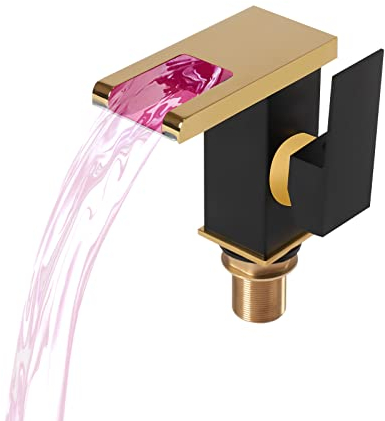 LED Wasserfall Bad Wasserhahn 3 Farbe Glas Wasserfall Auslauf Waschtischarmatur Armatur Waschbecken für Badezimmer (Schwarz+Gold)