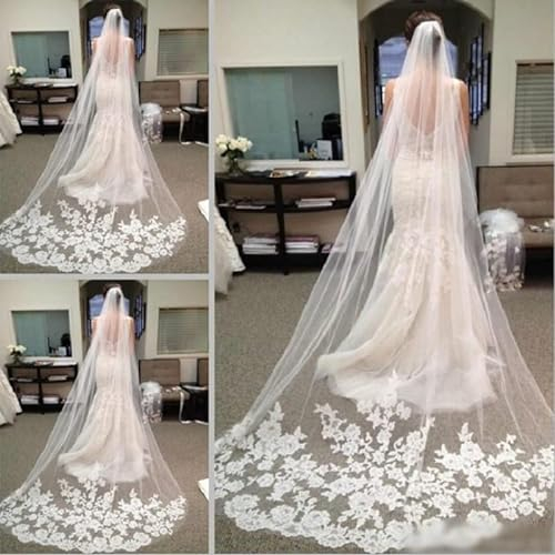 TEWAX Hochzeitsschleier Kathedrale Spitze Lang Voile Mariage Weiß Elfenbein Braut Hochzeit Zubehör Einlagig 3 Meter
