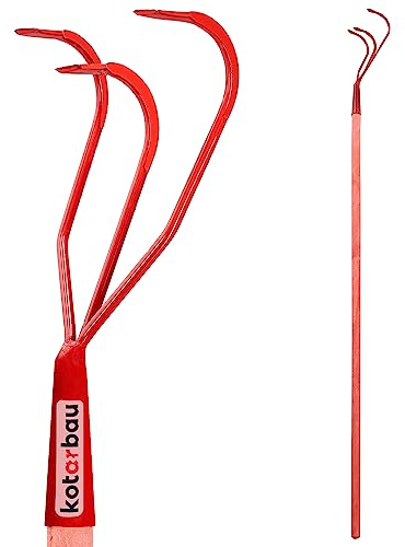 KOTARBAU® Grubber 120 mm mit 3 Zinken aus Stahl Rot Kultivator mit Stielholz 120 cm Handgrubber Gartenkralle Gerätekopf Garten Gerät Gartenwerkzeug