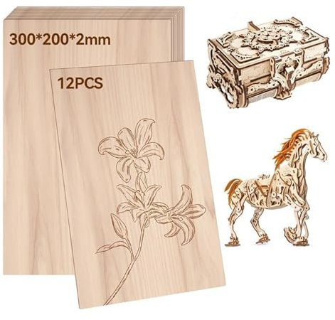 RUNYU 12 Pezzi Pannelli in Legno Compensato 300 x 200 x 2mm Fogli di Legno di Balsa Sottili Pannello Legno Decorativo per Artigianato Fai Da Te, Pittura, Pirografia, Traforo, Laser