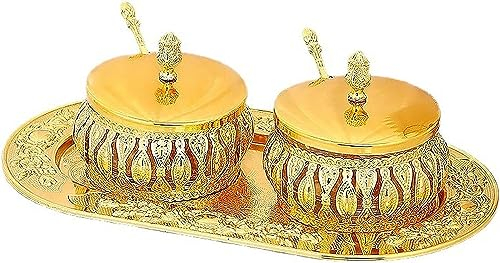 ELEGAM Azucarero,azucarero con Tapa,azucarero Dorado con Tapa y Cuchara, Tarro de Cristal Dorado for Especias, Tarro de Caramelo con Bandeja for decoración de Cocina, Juego Entero Dorado
