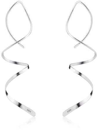 Boucles d'oreilles en argent sterling 925 en forme de spirale faites à la main - Bboucles d'oreilles femme pendantes torsadées linéaires incurvées pour femmes et filles boucle oreille acier inoxydable