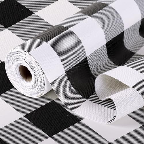 Shelf Drawer Liner for Kitchen Cabinets Non-Adhesive Non-Slip, Hide Stains & Scratches, Strong Grip Thickened Gingham Cabinet Liners for Shelves, Dresser, Cupboard, Pantry, Black/White, 11.8In x 10FT